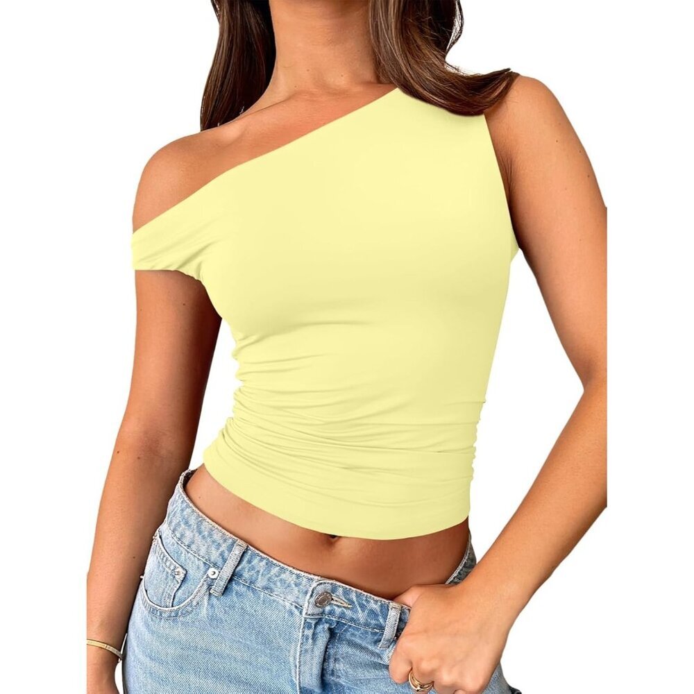 Women's Crop Top Yellow Off The Shoulder Sleeveless Y2K Stretchy Summer Comfort